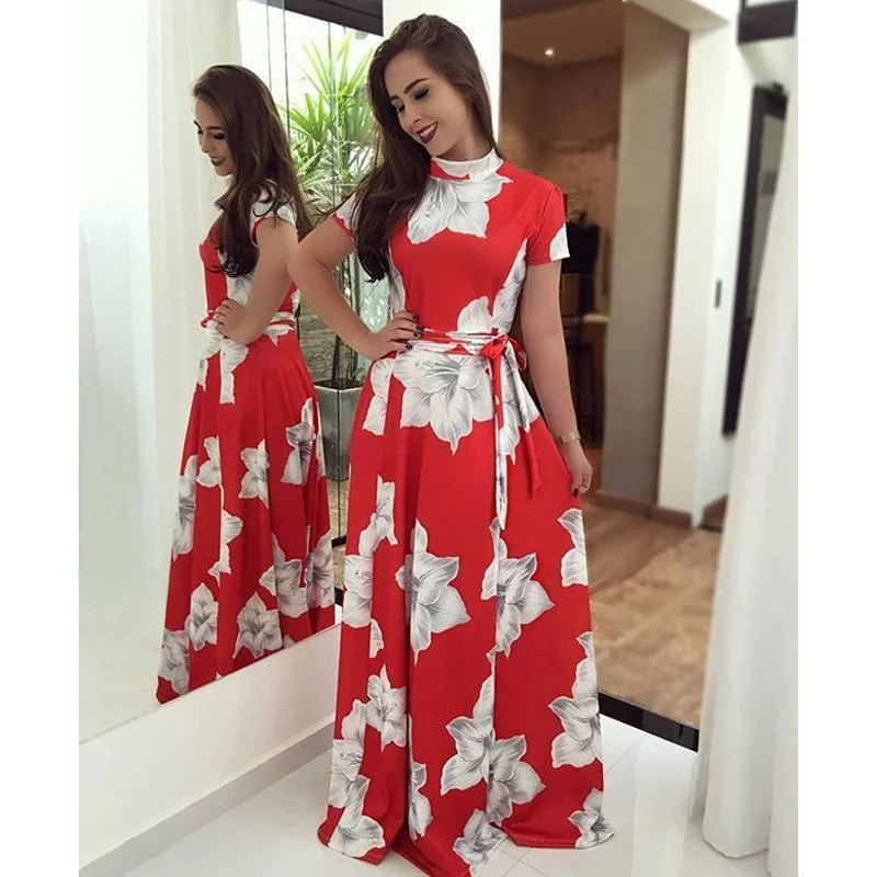 Women's Gathered DressesFashionSierra - Flower print turtleneck long summer dress Women sashes pleated long dress Elegant womens maxi dresses red vestidos mujer