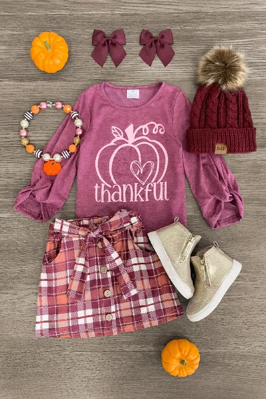 Women's Spring Skirts"Thankful" Plum Plaid Skirt Set