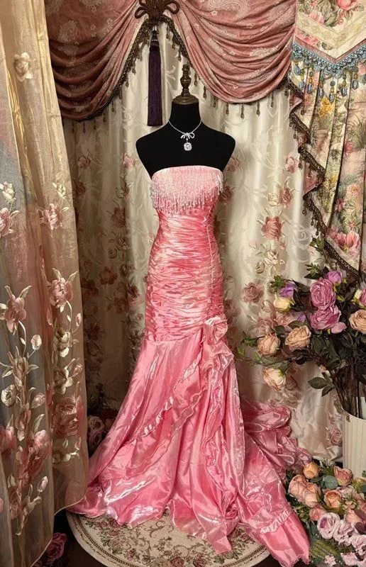 Women's Sweetheart Collar DressesSexy Mermaid Strapless Pink Satin Long Evening Dress Party Dress Prom Dresses    S6265