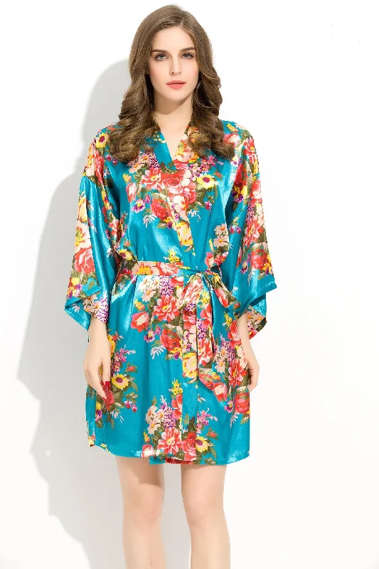 women's pajamas featuring floral embroideryTurquoise Floral Bridesmaid Robes Kimono