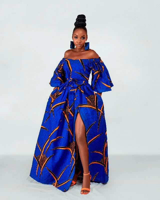 Women's Shift DressesToni Ankara Off shoulder Maxi Dress | Blue and Orange African Print