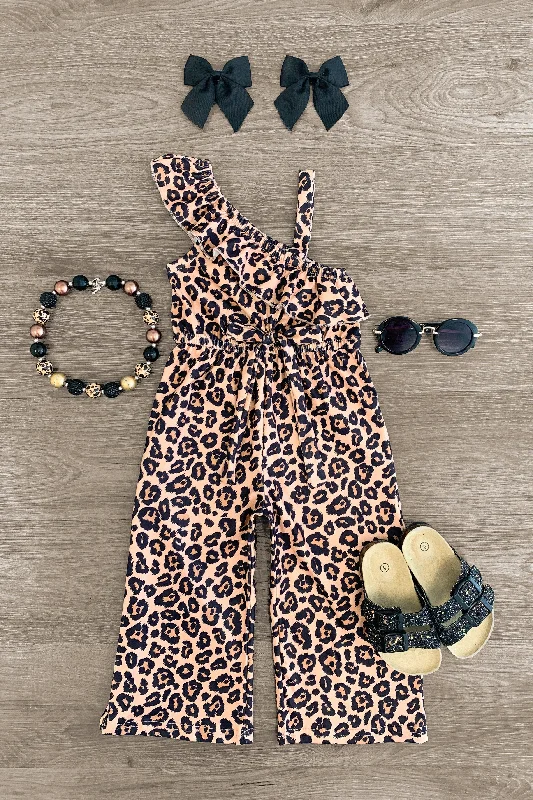 Women's Jumpsuits with Mid WaistOne Shoulder Leopard Jumpsuit