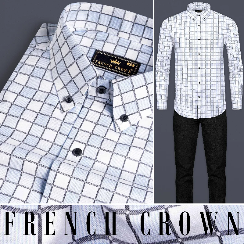 Women's Blouse with Low CollarBright White with Carolina Blue and Mobster Gray Checkered Dobby Premium Giza Cotton Shirt