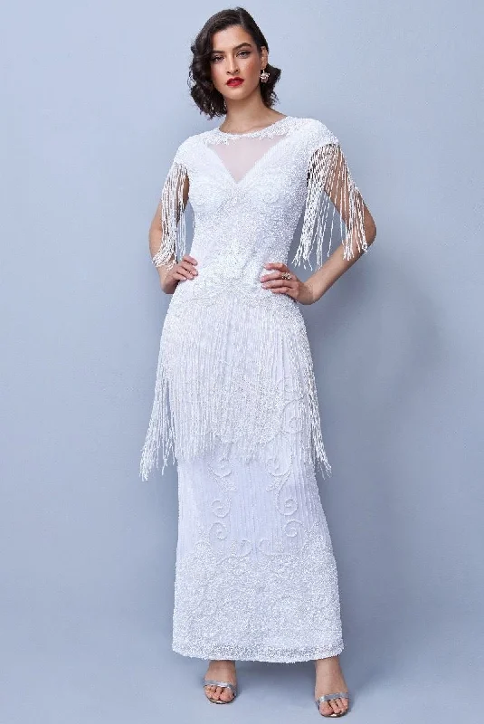 Women's Mandarin Collar DressesEthel 1920s Evening Maxi Fringe Gown in White