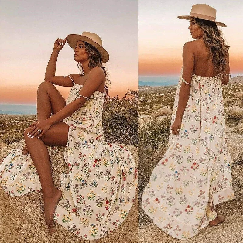 Women's Narrow Collar DressesFashionSierra - New Women Boho Floral Long Maxi Dress Summer Beach Ladies Sleeveless Party Holiday Casual Loose Sundress