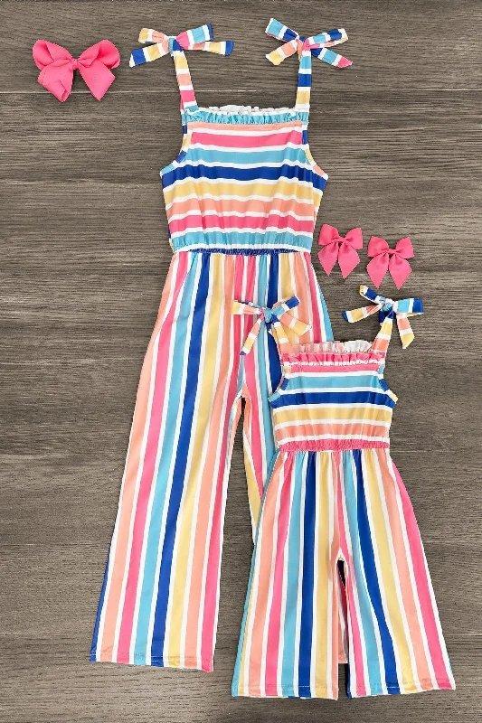 Women's Jumpsuits with Notched CollarMom & Me - Rainbow Striped Jumpsuit