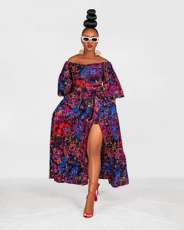 Women's Bodycon DressesNana Ankara Off Shoulder Maxi Dress | Blue and Pink Multicoloured African Print