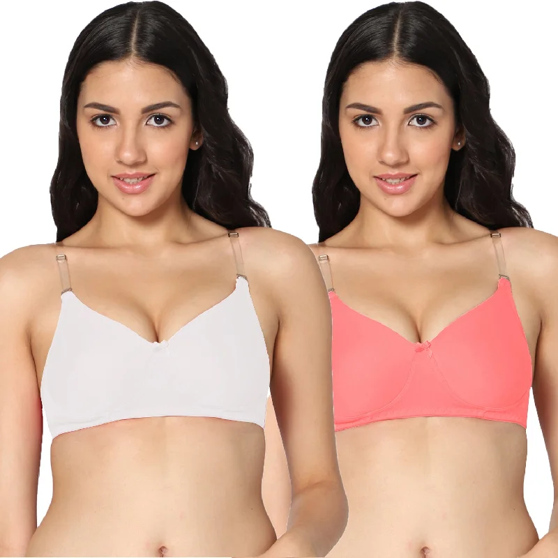 wireless lace bra with adjustable straps for versatilityT-shirt Medium Coverage White and Pink Color Padded Bra (Pack of 2)