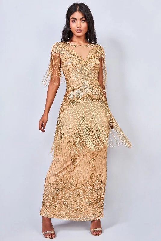 Women's Sweetheart Collar DressesEthel 1920s Evening Maxi Fringe Gown in Gold