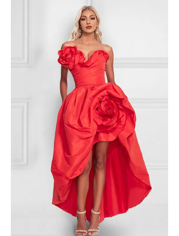 Women's Shawl Collar DressesA-Line Cocktail Dress Red Green Dresses Celebrity Style Dress Party Wear Wedding Party Asymmetrical Sleeveless Strapless Satin with Shouder Flower