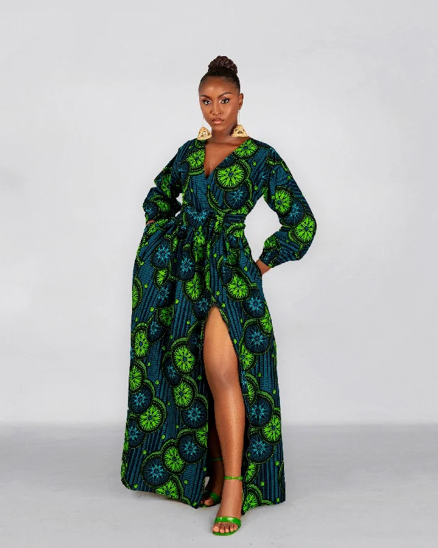 Women's Rounded Collar DressesBibi Ankara Maxi Dress | Green African Print