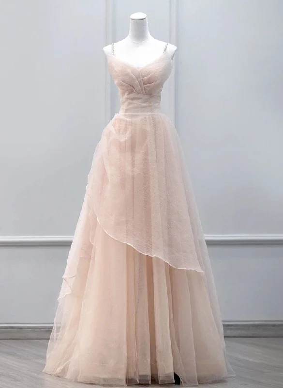 Women's Mini DressesTulle Beaded Straps Long Prom Dress, A-line Tulle Party Dress    S6353