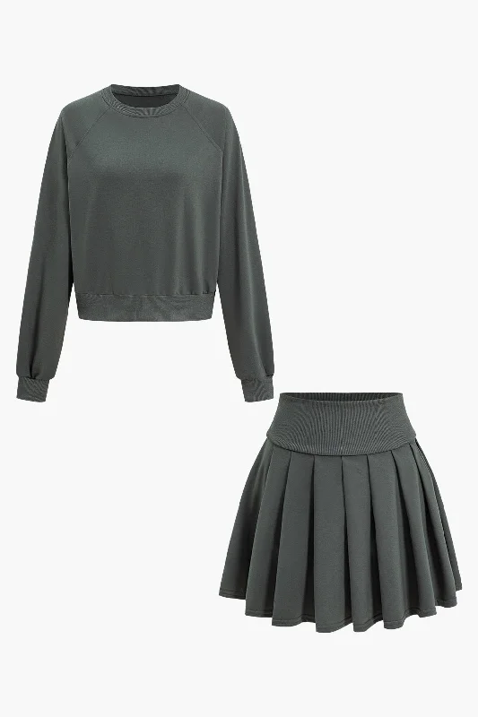 Women's Fitted SkirtsLong Sleeve Top And Pleated Skirt Set