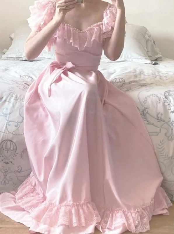 Women's Long-Sleeve DressesVintage Pink Prom Dresses A-Line Off Shoulder Evening Party Gowns      S6293