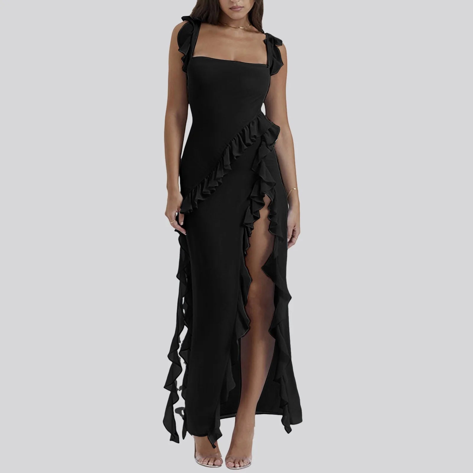 Women's Shawl Collar DressesFashionSierra - Ruffles Chiffon Maxi Dress For Women 2024 Backless Split Sexy Black Long Wedding Party Elegant Luxury Chic Female