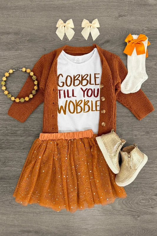 Women's Frayed Hem Skirts"Gobble Till You Wobble" Cardigan Skirt Set - 3 Piece