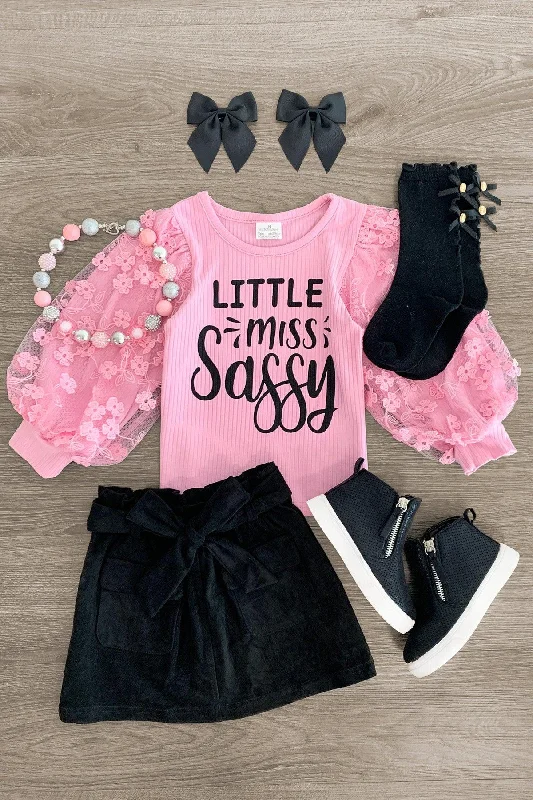 Women's Cozy Skirts"Little Miss Sassy" Pink & Black Suede Skirt Set