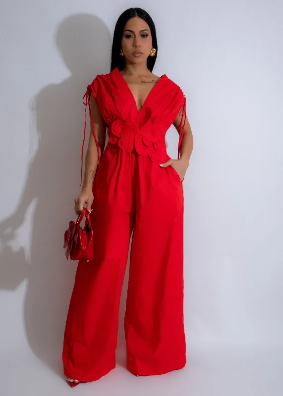 Women's Jumpsuits with Lapel CollarPetal Whisper Floral Jumpsuit Red