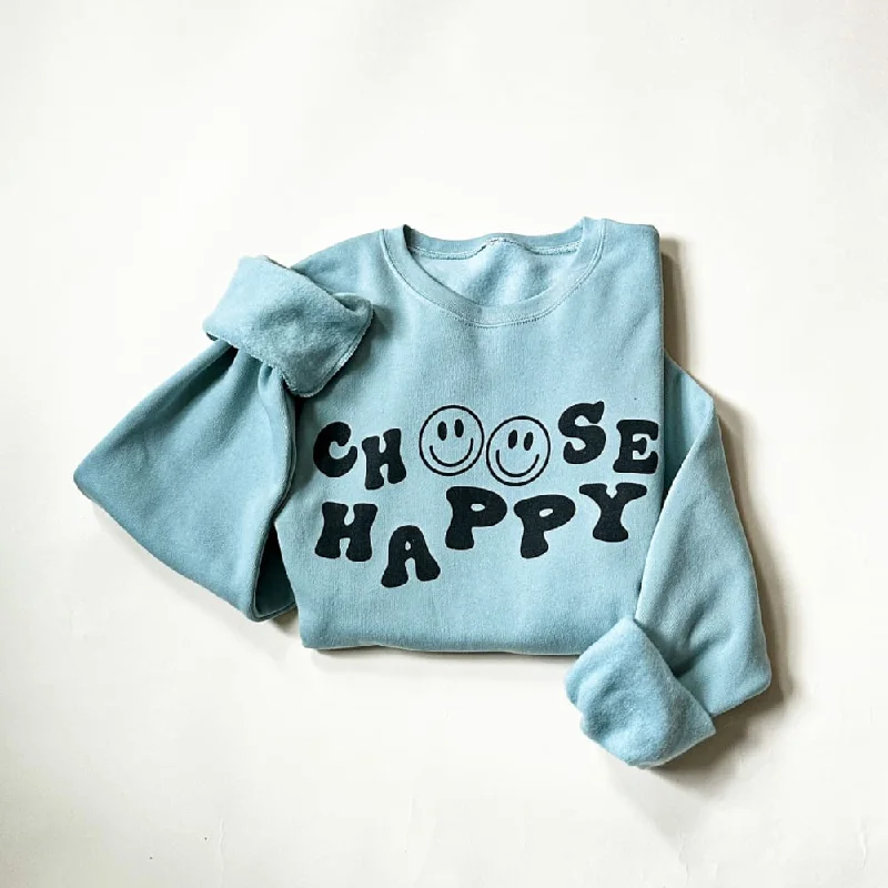 Women's Hooded Sweatshirts with High WaistChoose Happy Sweatshirt - Dusty Blue