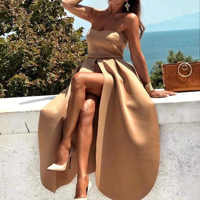 Women's Short-Sleeve DressesFashionSierra - Off Shoulder Party Dress Women Solid Khaki Strapless Dress Elegant Back Zipper Slit Holiday Maxi Dresses High Slit Vestido Mujer