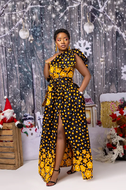 Women's Wide-Neck DressesAdeola Ankara Maxi Dress |Yellow and Black African Print