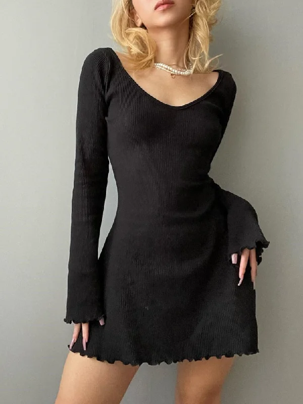 Women's Boat-Back DressesBerriesJam - Casual Frill Long Sleeve Black Mini Dress