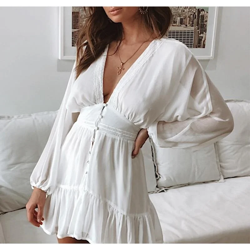 Women's Shirt Collar DressesFashionSierra - V Neck Women's Spring Summer Dress Lace Long Sleeve Mini Party Dress