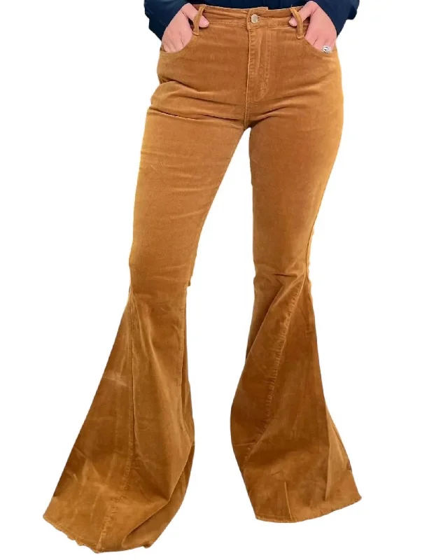 Women's Jodhpurs with Mandarin CollarBoho Lightweight Corduroy Bellbottom Pants In Camel