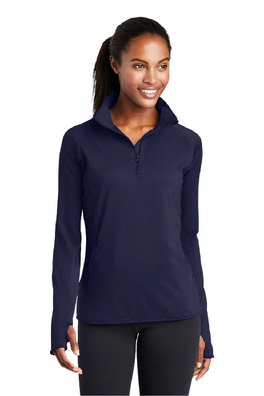 Women's Hooded Sweatshirts with Nylon LiningSport-Tek Womens Sport-Wick Moisture Wicking 1/4 Zip Sweatshirt w/ Pouch Pocket - True Navy Blue