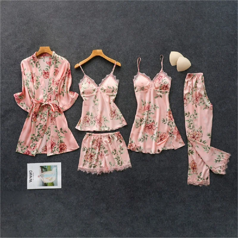 women's pajamas with built-in shortsSilk Floral Overall Print 5Pcs Pajama Set