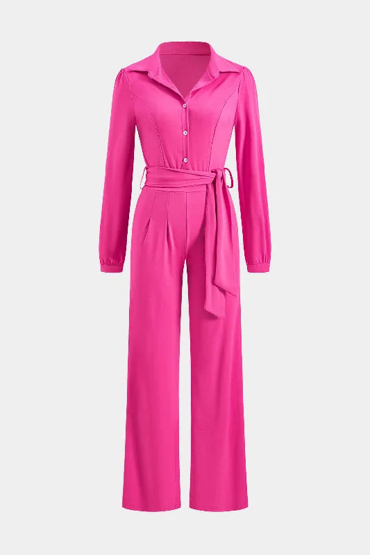 Women's Jumpsuits with Short LengthBelted Button Long Sleeve Jumpsuit