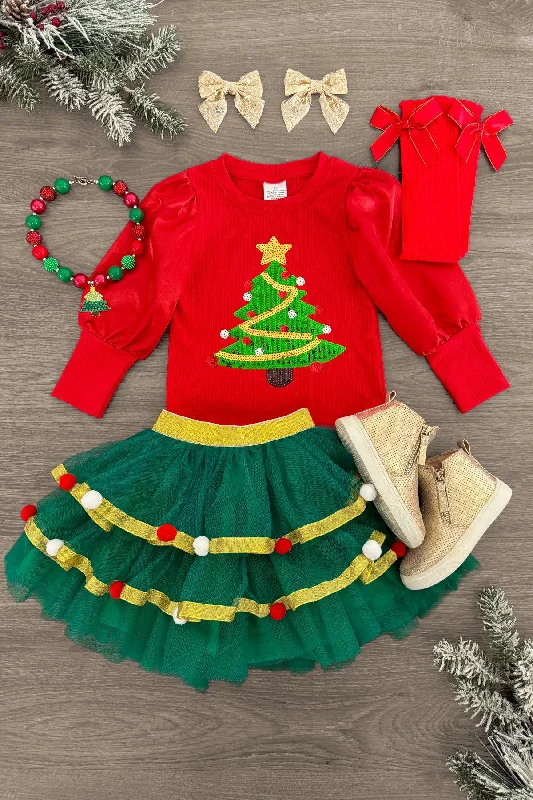 Women's Pleated SkirtsRed & Green Christmas Tree Tutu Skirt Set