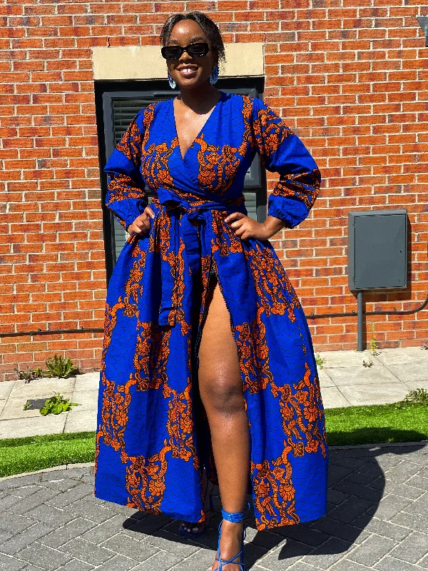 Women's Narrow Collar DressesBekky Ankara Maxi Dress | Blue and Orange African Print