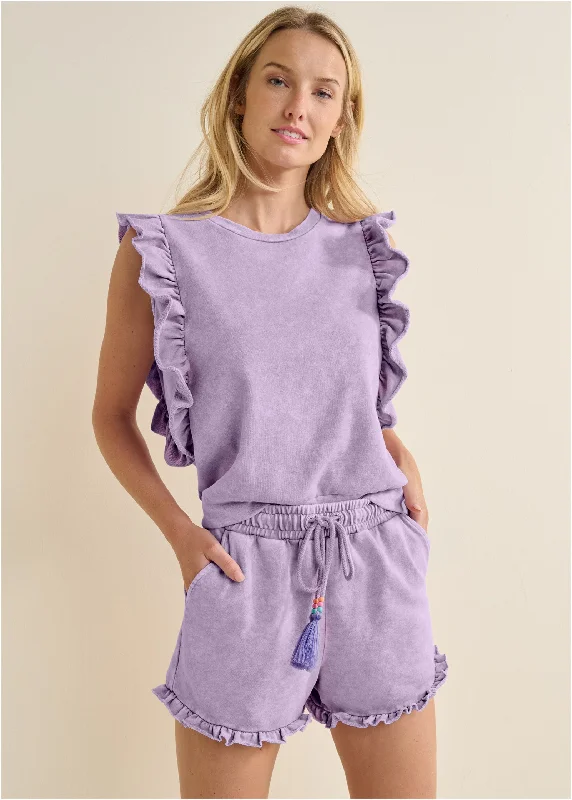 Women's Distressed Denim ShortsTerry Ruffle Shorts Set - Purple