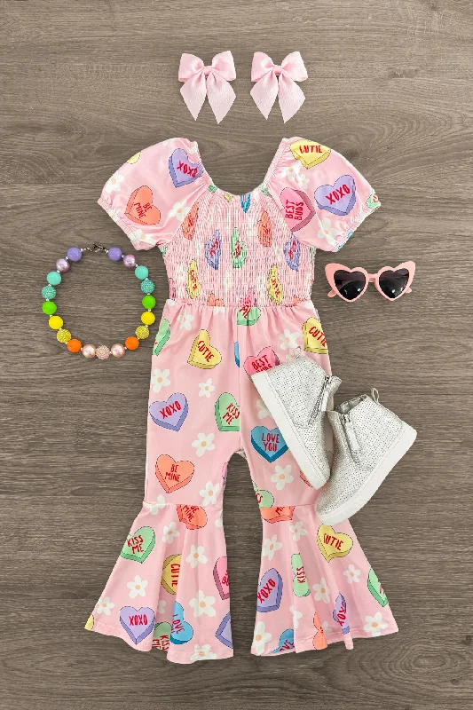 Women's Jumpsuits with Boat CollarPink Candy Hearts Bell Bottom Jumpsuit