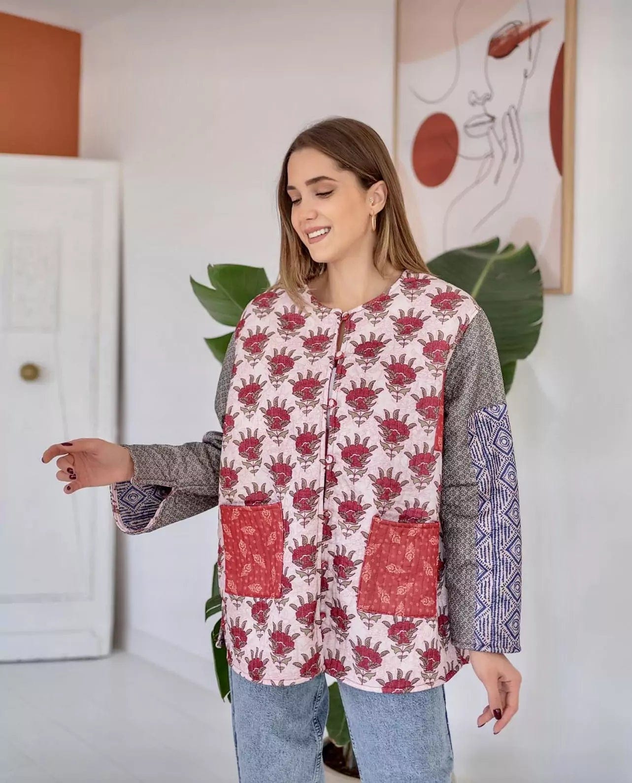 Women's Blouse with CollarPrinted Quilted Jacket