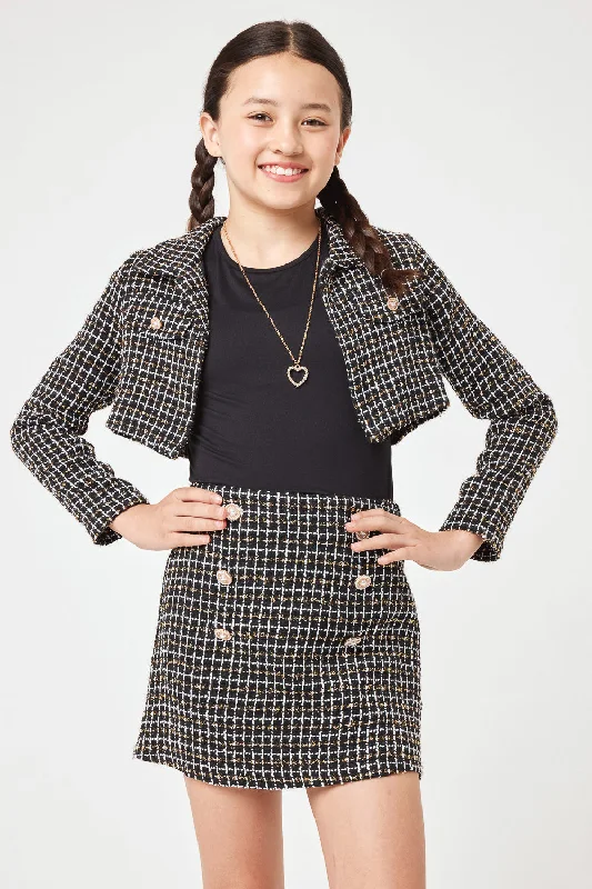 Women's Scalloped Hem SkirtsKids Black White Boucle Skirt & Jacket Set