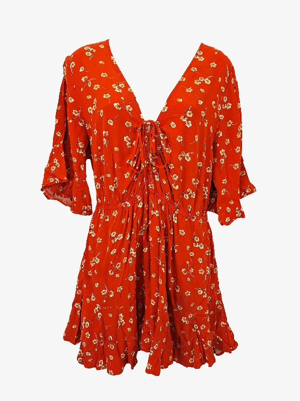 Women's Mandarin-Neck DressesKivari Pretty Summer Rust Floral Mini Dress Size L