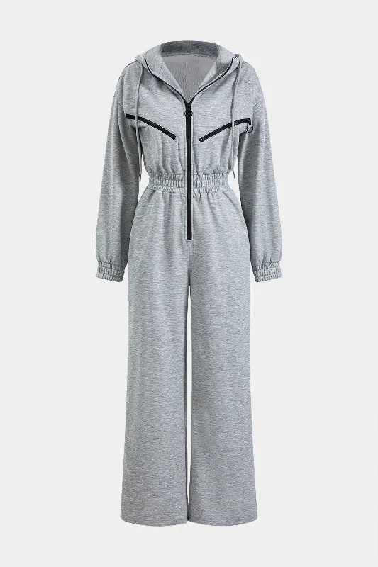 Women's Jumpsuits with Cropped LengthHooded Patchwork Zipper Long Sleeve Jumpsuit