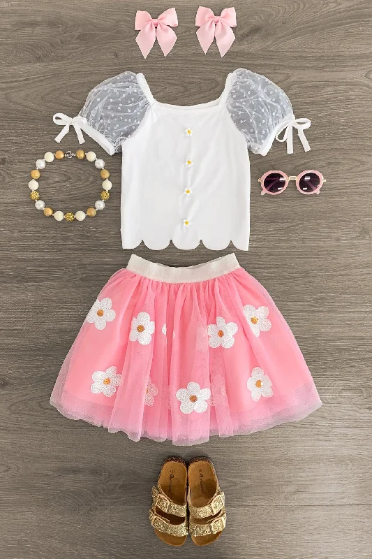 Women's Warm SkirtsPink & White Daisy Tutu Skirt Set