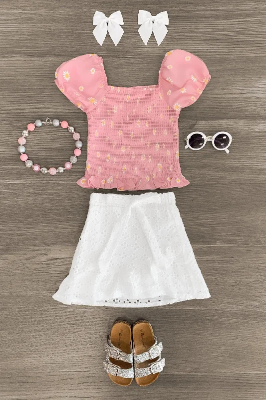 Women's Collarless SkirtsPink & White Daisy Skirt Set