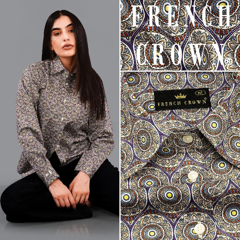 Women's Blouse with Shirt CollarMercury Brown Multicolour Ajrakh Printed Premium Cotton Shirt