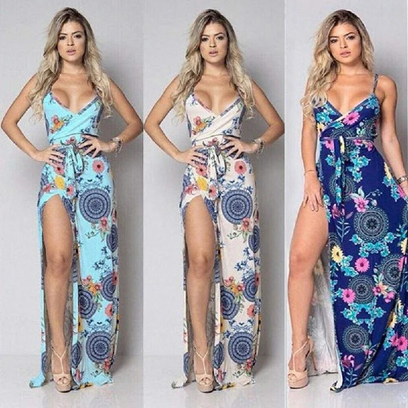 Women's Gathered DressesFashionSierra - New Women Summer Vintage Boho Sleeveless Long Maxi Dress Ladies V-Neck Fashion Beach Party Dress Sundress