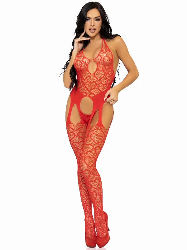 mastectomy form-fitting braSeamless Heart Net Suspender Bodystocking - One  Size - Red