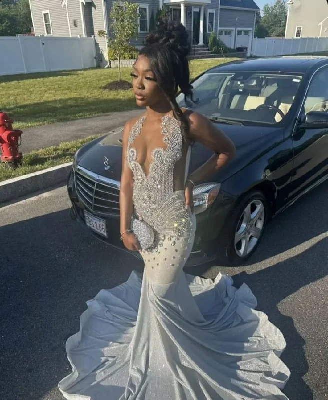 Women's Fit and Flare DressesSexy Mermaid Luxury Beaded Black Girl Silver Gray Prom Party Formal Gowns      S6417