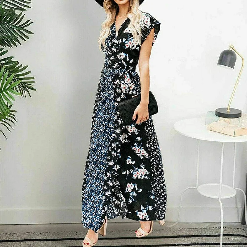 Women's V-Shaped Collar DressesFashionSierra - New Women Boho Floral Long Maxi Loose Dress Evening Party Beach Summer Fashion Elegant Sexy Sundress Sleeveless Slimmer Clothes