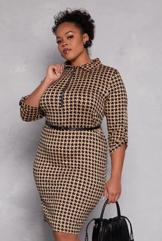 Women's Peter Pan Collar DressesPlus Size Houndstooth Half Zip Midi Dress