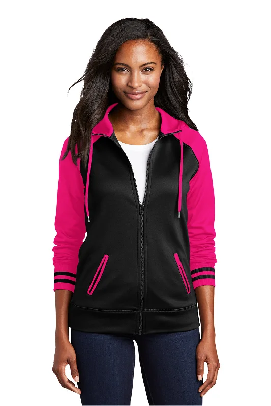 Women's Hooded CardiganSport-Tek Womens Sport-Wick Moisture Wicking Fleece Hooded Sweatshirt Hoodie w/ Pockets - Black/Neon Pink