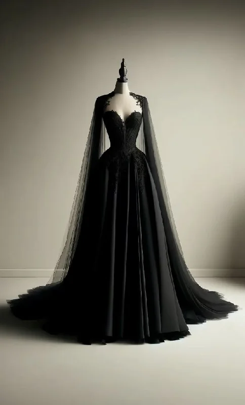 Women's Turtleneck DressesBlack Tulle Evening Dress with Cape Sleeves Elegant Women Luxury Formal Party Gowns       S6396