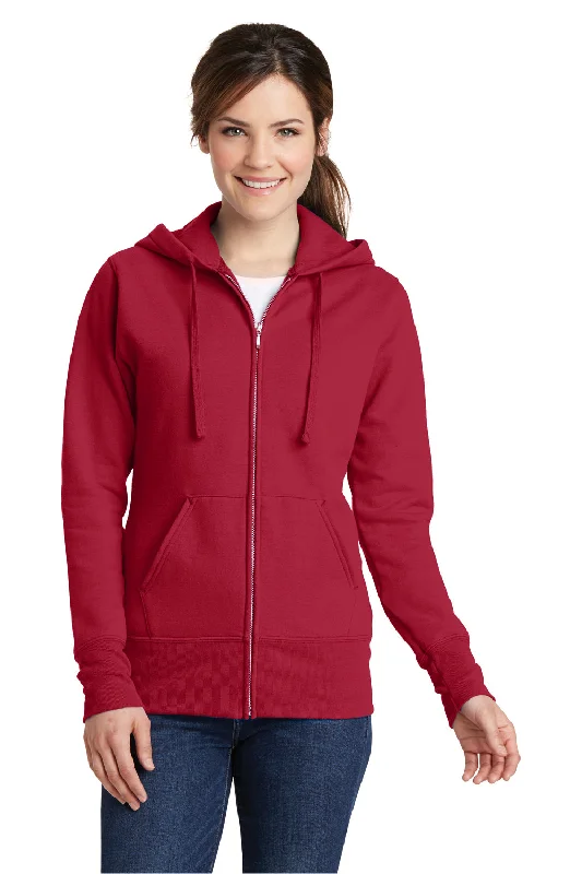 Women's Hooded Sweatshirts with Flap PocketsPort & Company Womens Core Pill Resistant Fleece Full Zip Hooded Sweatshirt Hoodie w/ Pockets - Red - Closeout